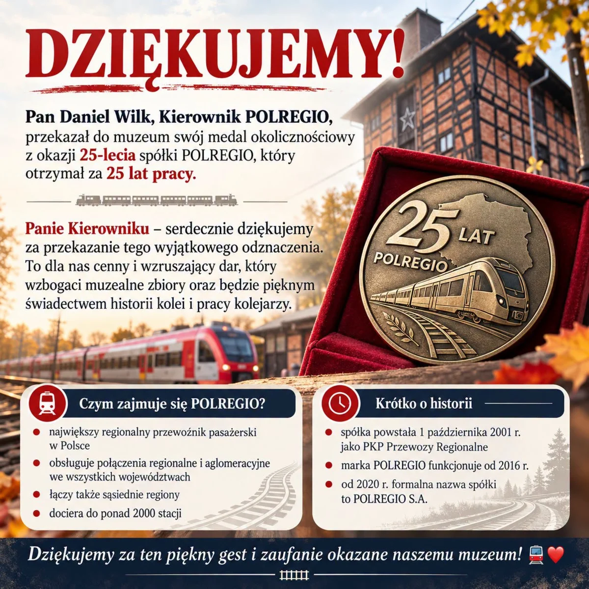 Medal 25-lecia POLREGIO przekazany do zbiorów Muzeum Kolei w Pile