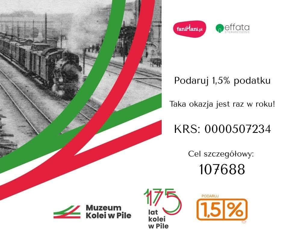 Grafika kampanii 1,5 procent dla Muzeum Kolei w Pile z numerem KRS 0000507234 i celem szczegółowym 107688
